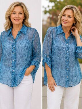 TESS 100% Silk Sheer Blue Reptile Print Button Front Blouse Size 16